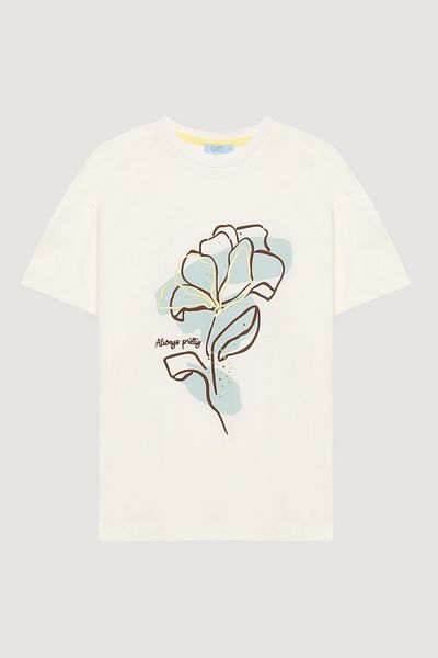 Quzu Floral Embroidered Short Sleeve T-Shirt Ecru