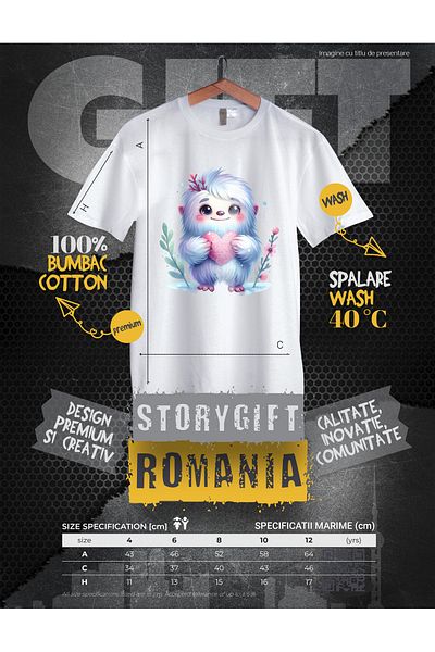 StoryGift Romania Tricou Copii Cu Omul Zapezilor Care Tine O Inima In Brate, Ilustratie, Yeti, Plante, Aprec