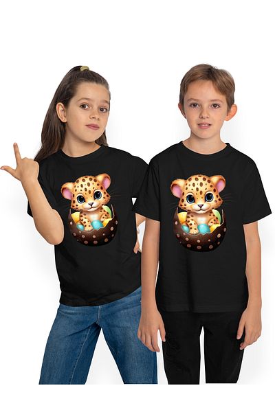 StoryGift Romania Children's T-shirt with a tiger cub coming out of a broken egg, illustration, several colored eggs