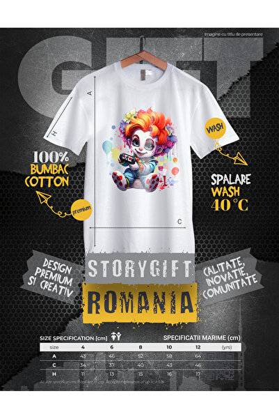 StoryGift Romania Tricou Copii Cu Un Baietel Clovn, Ilustratie, Pete De Culoare, Tine Un Controller, Flori,