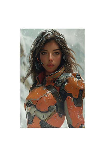 StoryGift Romania Tablou Canvas: Bruneta În Costum De Robot Portocaliu Ninsoare Abundentă Peisaj De Iarnă Pictura