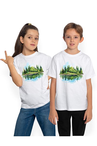 StoryGift Romania Tricou Copii Cu Un Peisaj Din Natura, Ilustratie, Padure, Lac, Apa, Libertate, Verdeata, C