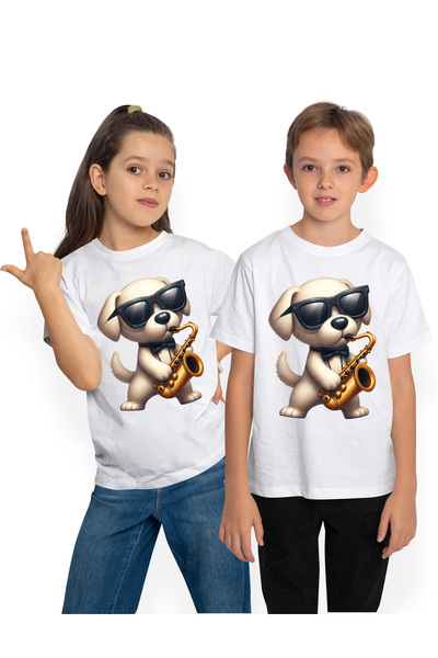 StoryGift Romania Tricou Copii Cu Un Catel Gri Care Canta La Saxofon, Ilustra...