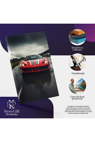 StoryGift Romania Tablou Canvas: Masina De Lux Ferrari Care Merge Cu Viteza - Rosie Innorat Asfalt Umed Pictura