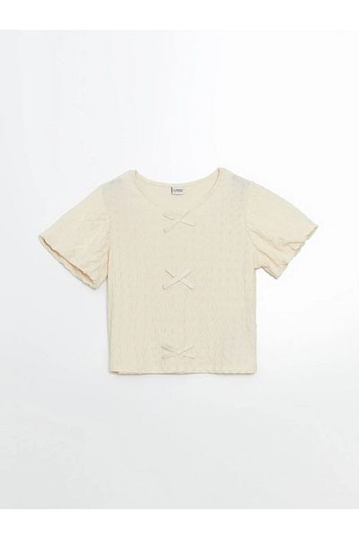 LC Waikiki Lcw Kids Ecru Crew Neck Bow Detail Girls' Blouse and Skirt