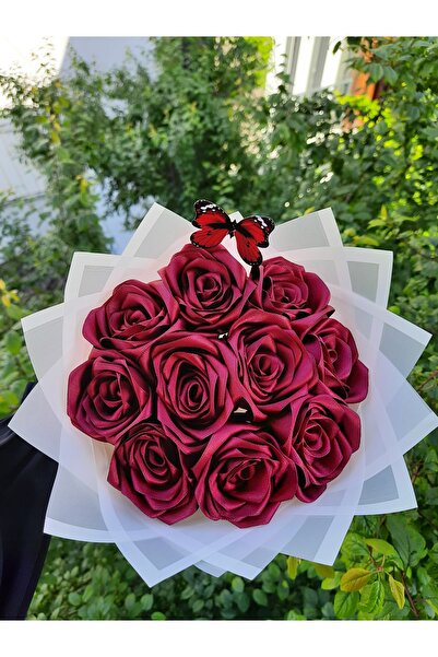 BUKET DÜNYASI 10 Lu Solmayan Gül Buketi Bordo Gül Dışı Beyaz