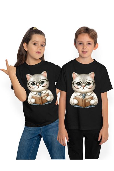 StoryGift Romania Tricou Copii Cu Un Pisoi Care Tine O Carte, Ilustratie, Ochelari, Tocilar, Lectura, Invata