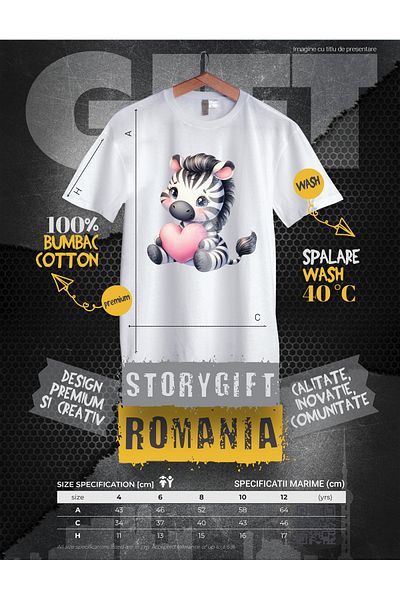 StoryGift Romania Tricou Copii Cu O Zebra Care Tine O Inima In Brate, Ilustratie, Iubire, Afectiune, Aprecie