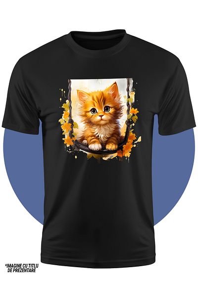StoryGift Romania Children's T-shirt with a kitten swinging, illustration, orange flowers, surprised, ju