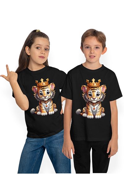 StoryGift Romania Children's T-shirt with a tiger cub wearing a royal crown, nobility, cheerful, gold, stones