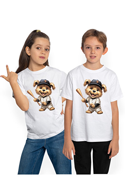 StoryGift Romania Tricou Copii Cu Un Catel Vesel Care Se Joaca Baseball, Sapca, Meci, Bata, Sport, Pasiune,