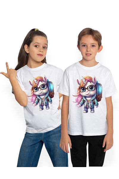 StoryGift Romania Tricou Copii Cu Un Unicorn Care Se Duce La Scoala, Ghiozdan, Ochelari, Tocilara, Ilustrati