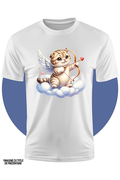 StoryGift Romania Tricou Copii Cu O Pisicuta Grasuta Care Trage Cu Arcul, Ilustratie, Cupidon, Sta Pe Un Nor