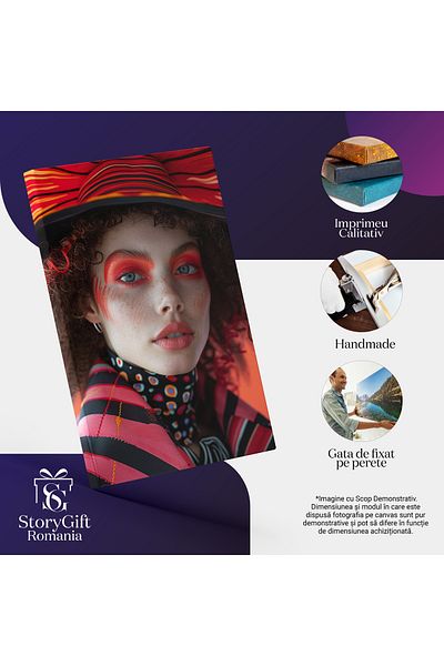 StoryGift Romania Tablou Canvas Dama Cu Chipul Colorat Cu Parul Cret Si Palarie Cu Cercei Si Buze Mari Cu Esarfa