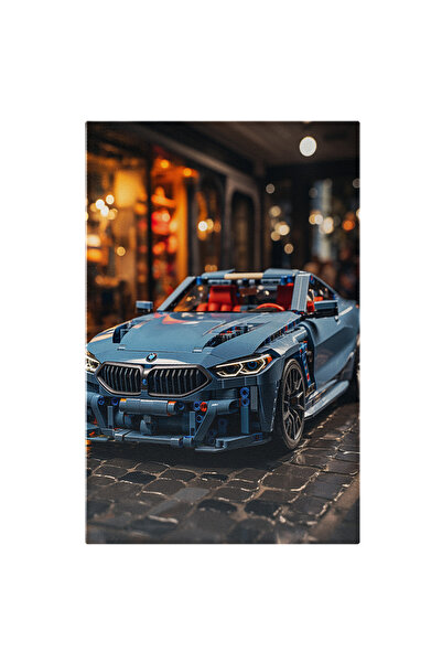 StoryGift Romania Tablou Canvas: Masina Stralucitoare Stil Lego De Curse Sport Albastra Printre Stradute Pavate