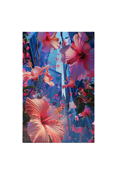 StoryGift Romania Tablou Canvas Flori Roz Pe Fundal Cu Clădiri Albastre - Pet...