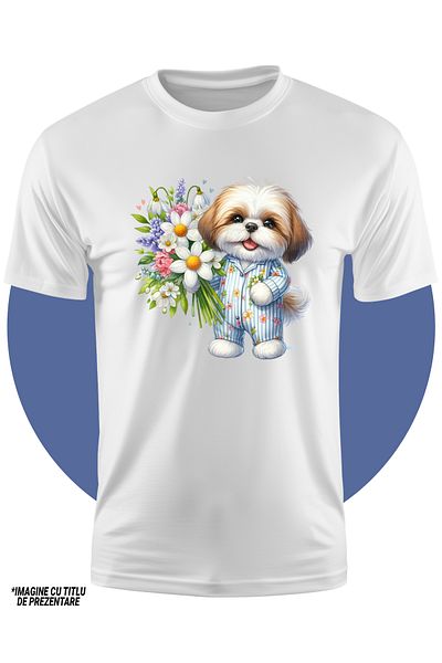 StoryGift Romania Tricou Copii Cu Un Catel Blanos Care Tine Un Buchet Cu Flori, Ilustratie, Il Duce Iubitei,