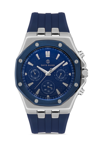 DAVID GUNER Gümüş Lacivert Kaplamalı Lacivert Silikon Kordonlu Erkek Kol Saati