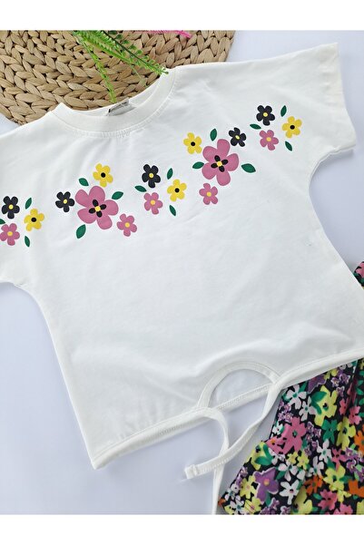 Butik Girl's Skirt Lace up Crop T-Shirt Oversize Two Piece Set Floral Printed