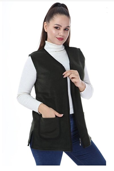 anne moda ankara Fleece Wide Fit V-Neck, Zippered Vest