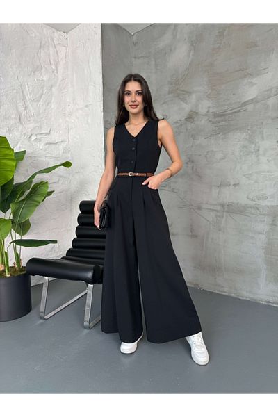 Elif Özbey Butik Black Knitted Belted Linen Jumpsuit