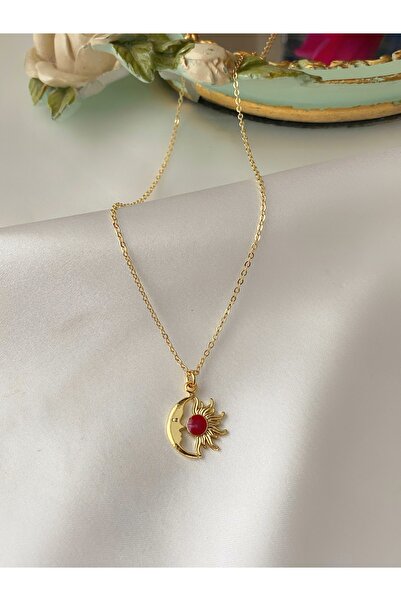 Asia by Leuvoié Asia By Leuvoie Altın Kaplama Kırmızı Mineli Güneş ve Ay Kolye