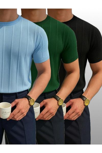 LC Waikiki Advantageous Pack of 3 Crew Neck Short Sleeve Striped Men's Summer T-Shirt
