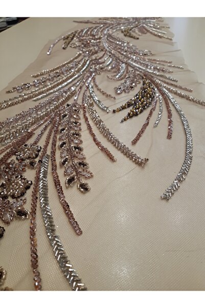 Safir Kumaş Kahve ve Vizon Tonlarında Işıl ışıl Taş İşlemeli 40 a 140 cm Bede...