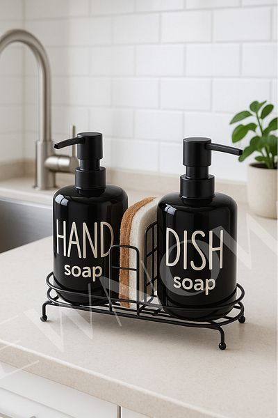 NEWNOW Set of 2 Liquid Soap Dispensers - Kitchen and Bathroom Soap Dispenser Set with Metal Stand and Sponge
