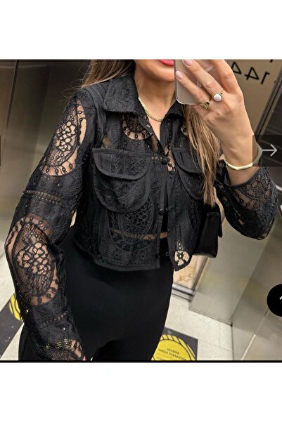 SHOP MY سترة قميص مبطنة ذات جودة فاخرة بتصميم دانتيل باللون الأسود