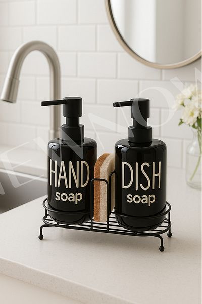 NEWNOW Set of 2 Liquid Soap Dispensers - Kitchen and Bathroom Soap Dispenser Set with Metal Stand and Sponge