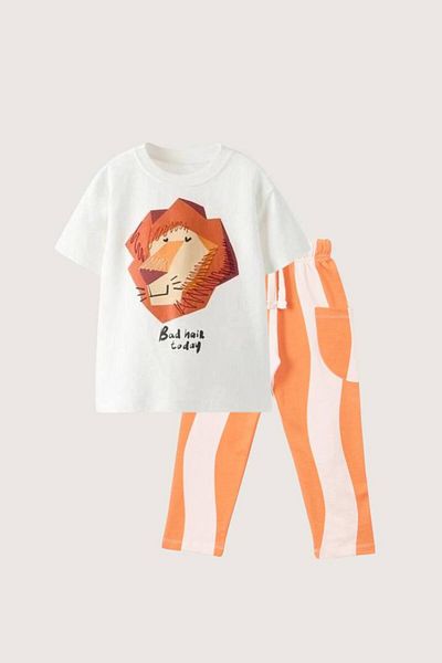 Sipsirin Boys' Lion Print Summer 2-Piece Set – "Bad Hair Today" T-Shirt & Orange-White Striped Pants