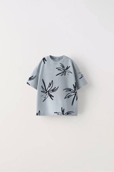 Sipsirin Boys' Summer 2-Piece Set – Light Blue T-Shirt with Palm Print & Navy Blue Shorts