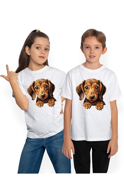 StoryGift Romania Tricou Copii cu un catel surprins, ilustratie, maro deschis, priveste sfios, pentru iubito