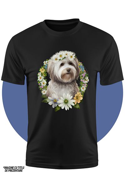 StoryGift Romania Tricou Copii Cu Un Catel Foarte Blanos, Ilustratie, Floricele Albe, Natura, Cerc, Plante,