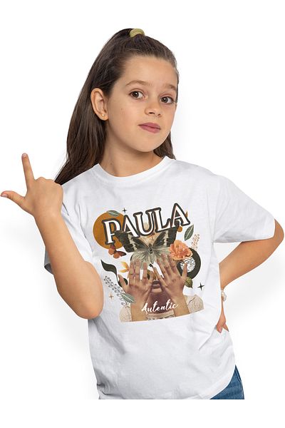 StoryGift Romania Tricou Copii Fete Cu Numele Paula, Colaj Fata, Fluture, Flori, Cerc 100% Bumbac, Unisex, A