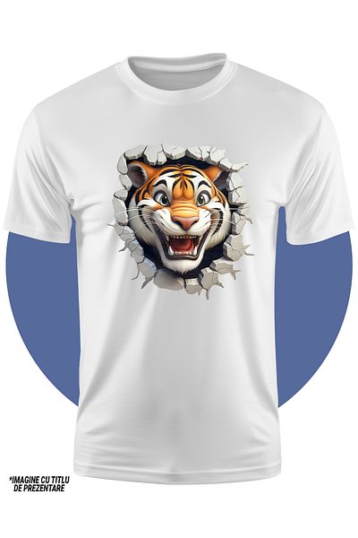 StoryGift Romania Kids T-shirt with an aggressive tiger sticking its head out of a destroyed wall, illustration, thieves