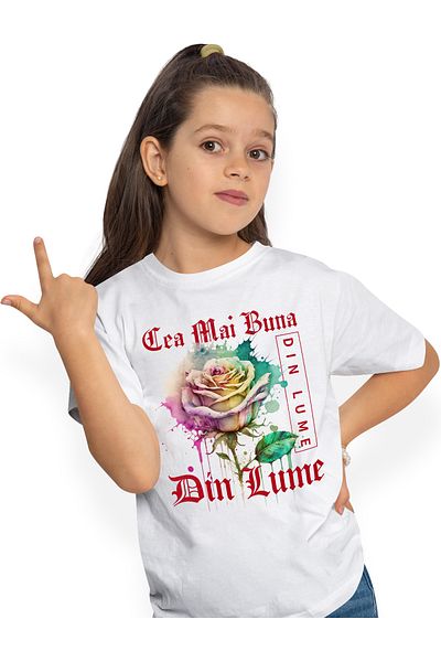StoryGift Romania Tricou Copii Fete Cu Textul Cea Mai Buna Din Lume, Din Lume, Floare, Trandafir Colorat, Wa