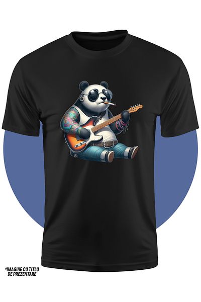 StoryGift Romania Tricou Copii Cu Un Urs Panda Tatuat Care Canta La Chitara, Rocker, Instrument Muzical, Mel