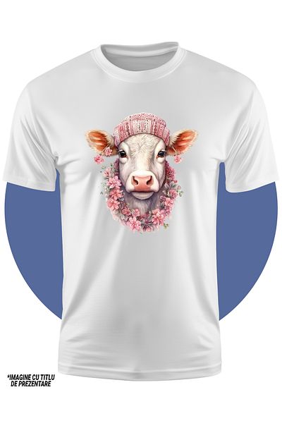 StoryGift Romania Tricou Copii Cu O Vacuta Cu Caciula, Ilustratie, Lantisor Din Floricele, Natura, Ferma, An