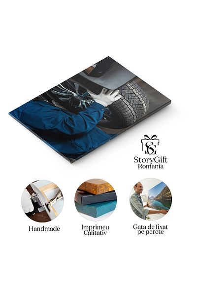 StoryGift Romania Tablou Canvas: Mecanic La Lucru, Schimband Roata Masinii - Profesie, Transport, Atelier