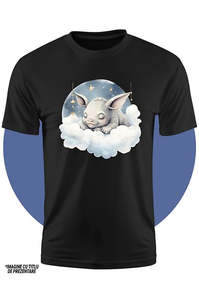 StoryGift Romania Tricou Copii Cu Un Hipopotam Micut Care Doarme, Ilustratie, Stelute, Norisori, Lumea Visel