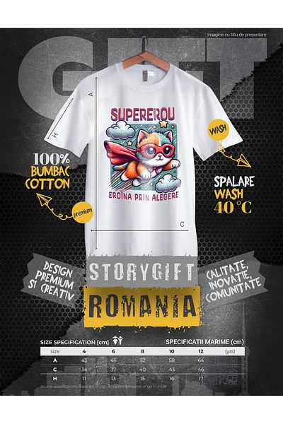 StoryGift Romania Tricou Copii Fete Super Erou, SuperErou, Eroina Prin Alegere 100% Bumbac, Unisex, Alb, 12