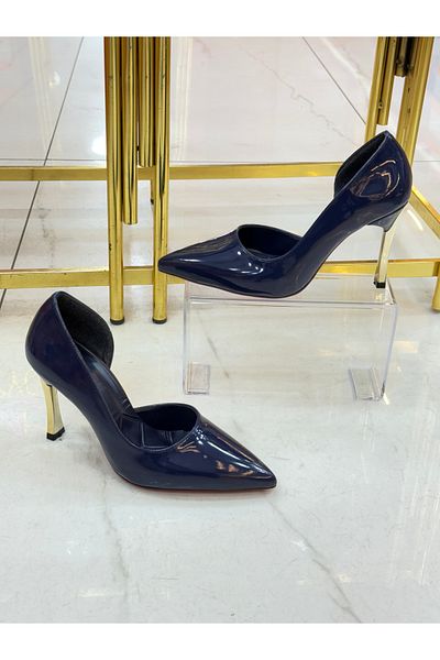 Pazzyonez Lenox Women's Navy Blue Patent Leather Heeled Shoes Comfortable Stiletto