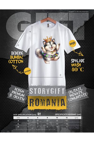 StoryGift Romania Tricou Copii cu un catel care danseaza fericit, ilustratie, coroana, lantisoare de aur, bu