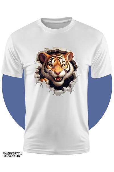 StoryGift Romania Children's T-shirt with an angry tiger, sticking its head out the wall, illustration, evil look, a