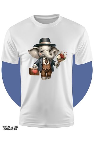 StoryGift Romania Tricou Copii Cu Un Elefant La Costum Care Tine Un Buchet Cu Flori Si O Servieta Cu Un Cado