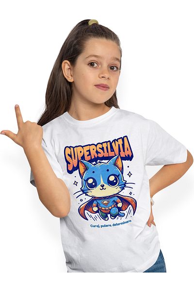 StoryGift Romania Children's T-shirt for Girls Super Silvia, Superhero, Flying Cat 100% Cotton, Unisex, White, 12 Years