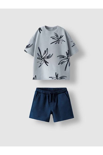 Sipsirin Boys' Summer 2-Piece Set – Light Blue T-Shirt with Palm Print & Navy Blue Shorts