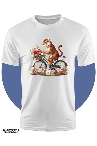 StoryGift Romania Children's T-shirt with a tiger riding a bike, illustration, walk, basket with flowers,